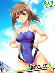 Rule 34 | 10s, 1girl, angel beats!, brown eyes, brown hair, competition swimsuit, gradient background, hands on own hips, hisako (angel beats!), juusensha koubou, long hair, one-piece swimsuit, ponytail, solo, swimsuit