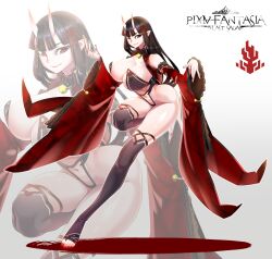 1girl black_hair black_thighhighs breasts copyright_name detached_sleeves full_body highres horns ii_(pixiv_fantasia_last_saga) kohcy large_breasts long_hair navel pixiv_fantasia pixiv_fantasia_last_saga pointy_ears red_eyes red_nails skin-covered_horns smile thighhighs wide_sleeves zoom_layer