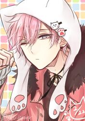 Rule 34 | 1boy, animal ear headwear, black fur, black ribbon, cat day, clenched hand, commentary request, dated, dear vocalist, fake animal ears, fur trim, grey eyes, hand up, long sleeves, looking at viewer, male focus, mimura (men0725), one eye closed, paw print, pink hair, re-o-do, ribbon, short hair, solo, twitter username, upper body
