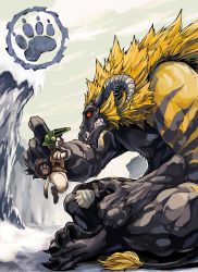 Rule 34 | angry, capcom, faceoff, felyne, highres, horns, monster hunter (series), mountain, rajang, red eyes, tail, you gonna get raped