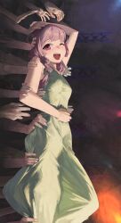 Rule 34 | 1girl, ;d, audience, bocchi the rock!, braid, carrying, carrying person, crowd, crowd surfing, dress, green dress, highres, hiroi kikuri, indoors, m.q (mqkyrie), multiple others, one eye closed, open mouth, purple eyes, purple hair, sharp teeth, smile, solo focus, stage lights, teeth
