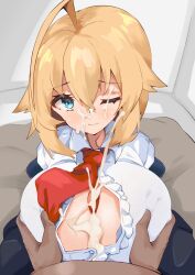 Rule 34 | 1girl, blazblue, blonde hair, blue eyes, breast hold, breasts, buttons, cleavage cutout, clothing cutout, cum, ejaculation between breasts, es (xblaze), facial, grabbing, grabbing another&#039;s breast, highres, huge breasts, necktie, one eye closed, open clothes, open shirt, paizuri, perpendicular paizuri, pov, spy (user jxcc8553), xblaze