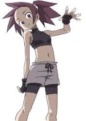 Rule 34 | 1girl, absurdres, bike shorts, bike shorts under shorts, drawstring, eyebrows, fingerless gloves, forehead, gloves, highres, looking at viewer, looking down, midriff, navel, outstretched hand, ponytail, shorts, solo, spiked hair, sports bra, white background, yamamoto souichirou