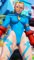 Rule 34 | 1girl, 3d, absurdres, antenna hair, bare shoulders, blonde hair, blue eyes, blue hat, blue leotard, braid, breasts, cammy white, covered navel, curvy, gloves, hat, highleg, highleg leotard, highres, leotard, lips, long hair, looking to the side, medium breasts, red gloves, ryona, screencap, shiny clothes, solo, standing, street fighter, street fighter v, thighs, third-party edit, thong leotard, twin braids, very long hair, wide hips