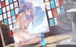 Rule 34 | 1girl, absurdres, alternate colored grass, barefoot, blue eyes, blue hair, bottle, cloud, commission, date a live, dress, electric fan, hand in own hair, highres, indoors, long hair, sliding doors, smile, solo, takamiya mio, water bottle, white dress, yu pian