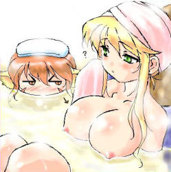 Rule 34 | 2girls, ?, bath, bathing, blonde hair, breast envy, breasts, breath of fire, breath of fire ii, capcom, dr.p, green hair, large breasts, lowres, multiple girls, nina (breath of fire ii), nipples, oekaki, rinpoo chuan, simple background