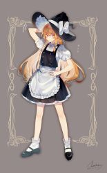 Rule 34 | 1girl, :/, absurdres, apron, arm up, black footwear, black hat, black skirt, black vest, blonde hair, blush, bow, braid, closed mouth, dated, full body, grey background, hair between eyes, hair bow, hand on own hip, hat, hat bow, highres, kirisame marisa, long hair, louis006c, mary janes, puffy short sleeves, puffy sleeves, shirt, shoes, short sleeves, signature, simple background, single braid, skirt, skirt set, socks, solo, sweatdrop, touhou, very long hair, vest, waist apron, white apron, white bow, white shirt, white socks, witch hat, yellow eyes