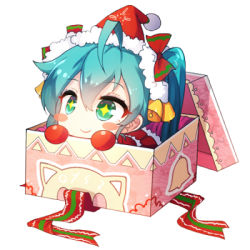 Rule 34 | + +, 1girl, ahoge, aqua hair, bell, blush stickers, box, chibi, christmas, gift, green eyes, hat, hatsune miku, in box, in container, long hair, lowres, qys3, santa costume, santa hat, simple background, smile, solo, vocaloid, white background