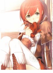Rule 34 | 1girl, boots, breasts, cleavage, cross-laced footwear, highres, knee boots, lace-up boots, miniskirt, red hair, seena kanon, sega, shining (series), shining wind, sitting, skirt, small breasts, solo, swept bangs, thighhighs, tony taka, white thighhighs, zettai ryouiki