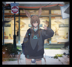Rule 34 | 1girl, absurdres, amiya (arknights), animal ears, arknights, bag, black hoodie, blurry, blurry background, border, brown hair, closed mouth, commentary, english commentary, english text, green eyes, hand in pocket, highres, hood, hoodie, jewelry, long hair, multiple rings, neck ring, no entry sign, no pants, outdoors, photo background, ponytail, rabbit ears, rabbit girl, ring, road sign, shoulder bag, sidelocks, sign, solo, tawashi1242, thigh ring, v, very long hair