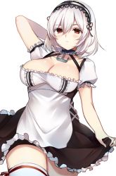 Rule 34 | 1girl, anchor, arm behind head, azur lane, blush, breasts, choker, cleavage, collarbone, cowboy shot, dress, hair between eyes, hairband, lace-trimmed hairband, lace trim, large breasts, looking at viewer, puffy short sleeves, puffy sleeves, red eyes, ribbon, ry thae, short hair, short sleeves, sidelocks, simple background, sirius (azur lane), solo, thighhighs, white background, white hair, white thighhighs