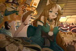Rule 34 | 1girl, absurdres, animal ears, anklet, bare shoulders, barefoot, breasts, brown hair, dog ears, dog girl, dog tail, fang, feet, genshin impact, highres, hina (genshin impact), jewelry, large breasts, long hair, lying, medium breasts, menthako, on stomach, open mouth, sandals, single sandal, soles, solo, tail, teapot, the pose, toes