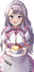 Rule 34 | 1girl, :d, absurdres, alternate costume, blush, coffee mug, cup, dress, enmaided, grey hair, highres, holding, idolmaster, idolmaster (classic), idolmaster million live!, idolmaster million live! theater days, latte art, looking at viewer, maid, maid headdress, mug, open mouth, pinafore dress, puffy short sleeves, puffy sleeves, shijou takane, short sleeves, shuucream (syuichi), simple background, sleeveless dress, smile, solo, white background, wrist cuffs