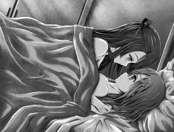 Rule 34 | 2girls, bed, bed sheet, blanket, blush, closed mouth, collarbone, commentary, dutch angle, from side, greyscale, hair between eyes, hair ornament, hairclip, highres, indoors, itaro, koori chikage, looking at another, lying, lying on person, monochrome, multiple girls, nogi wakaba wa yuusha de aru, on back, on stomach, one side up, parted lips, pillow, profile, smile, takashima yuuna, under covers, yuri, yuusha de aru