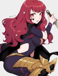 Rule 34 | 1girl, black cape, bodysuit, breasts, cape, cleavage, clothing cutout, facial mark, fire emblem, fire emblem engage, hair ornament, highres, knife, large breasts, long hair, looking at viewer, nintendo, peach11 01, red eyes, red hair, side cutout, simple background, smile, solo, star (symbol), star facial mark, star hair ornament, yunaka (fire emblem)