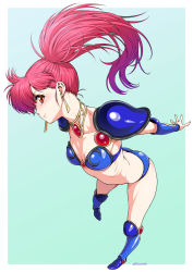 Rule 34 | 1girl, armor, armored boots, arms behind back, asagiri youko, bikini, bikini armor, blue background, blue bikini, blue footwear, boots, breasts, brown eyes, butt crack, cleavage, closed mouth, collarbone, floating hair, full body, genmu senki leda, knee boots, kouda tomohiro, leaning forward, long hair, outstretched arm, outstretched hand, pauldrons, pink hair, shoulder armor, small breasts, smile, solo, standing, strapless, strapless bikini, swimsuit, twitter username, two-tone background, very long hair, white background