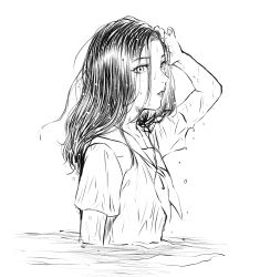 Rule 34 | 1girl, absurdres, blouse, bomhat, commentary, dripping, eyes visible through hair, from side, greyscale, hand up, highres, lips, long hair, looking at viewer, monochrome, neckerchief, original, parted lips, partially submerged, school uniform, serafuku, shirt, short sleeves, sideways glance, simple background, solo, upper body, wet, wet clothes