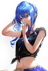 Rule 34 | 1girl, absurdres, backlighting, black shirt, blue eyes, blue hair, blue nails, blue skirt, blush, crossed bangs, earrings, half-closed eyes, hand in own hair, highres, hololive, hoshimachi suisei, jewelry, kinoko (shikimylove), long hair, nail polish, navel, parted bangs, shirt, short sleeves, skirt, sleeves rolled up, solo, sweat, t-shirt, virtual youtuber, white background