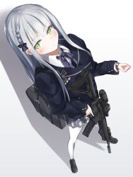 Rule 34 | 1girl, assault rifle, bag, blush, braid, clothes iron, commentary, full body, girls&#039; frontline, green eyes, gun, h&amp;k hk416, highres, hk416 (girls&#039; frontline), holding, holding gun, holding weapon, loafers, long hair, medal, pantyhose, rifle, school bag, school uniform, scope, shadow, shoes, silver hair, solo, suppressor, tai san ps4, trigger discipline, watch, weapon, white pantyhose, wristwatch