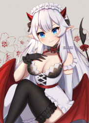 Rule 34 | 1girl, artist name, asymmetrical gloves, asymmetrical legwear, black gloves, blue eyes, bow, breasts, cleavage, commentary, demon girl, demon horns, demon tail, elbow gloves, english commentary, gloves, gumae, hand on own chest, horns, indie virtual youtuber, maid headdress, medium breasts, mismatched gloves, mismatched legwear, pointy ears, red bow, single elbow glove, sitting, smile, solo, tail, tail bow, tail ornament, thighhighs, vei (vtuber), vei (vtuber) (4th costume), virtual youtuber, white gloves, white hair