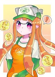 Rule 34 | !, 1girl, artist name, baseball cap, blunt bangs, blush, border, breasts, closed mouth, earrings, female focus, gloves, golden egg, gradient background, green gloves, green hat, hat, heart, heart in eye, highres, inkling, inkling girl, inkling player character, jewelry, long hair, long sleeves, looking at viewer, medium breasts, melochie m, nintendo, orange background, orange hair, orange overalls, outline, outside border, overalls, pink eyes, pointy ears, shirt, sidelocks, signature, simple background, solo, speech bubble, splatoon (series), splatoon 2, spoken exclamation mark, standing, stud earrings, symbol in eye, tentacle hair, tentacles, upper body, white border, white outline, white shirt
