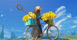 1girl ambrosia_(dungeon_meshi) backpack bag bicycle bill_excluido bird blonde_hair blue_capelet blue_dress blue_sky bouquet capelet cloud cloudy_sky commentary day dress dungeon_meshi elf flower highres hill marcille_donato open_mouth outdoors pointy_ears scenery sky yellow_flower