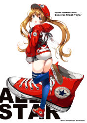 Rule 34 | 1girl, baseball cap, blue thighhighs, brown hair, commentary request, converse, cross-laced clothes, english text, hat, high tops, highres, hood, hoodie, long hair, looking at viewer, open mouth, original, pale skin, personification, product girl, red footwear, red hat, red hoodie, shimesaba kohada, shoes, shorts, smile, sneakers, solo, thighhighs, twintails, white background, white shorts, zettai ryouiki