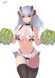 Rule 34 | 1girl, absurdres, arknights, artist name, bare arms, bare shoulders, black panties, black thighhighs, blush, breasts, chinese commentary, commentary request, cowboy shot, dutou, earrings, hair between eyes, highleg, highleg panties, highres, holding, holding pom poms, horns, jewelry, large breasts, long hair, looking at viewer, microskirt, navel, panties, parted lips, pasties, pleated skirt, pom pom (cheerleading), pom poms, red eyes, saria (arknights), see-through, shirt, silver hair, simple background, skirt, sleeveless, sleeveless shirt, solo, standing, stomach, thighhighs, thighs, underwear, white background, white skirt