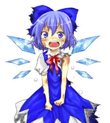 Rule 34 | 1girl, blue eyes, blue hair, bow, cirno, dress, embodiment of scarlet devil, female focus, matching hair/eyes, miya (tsumazukanai), scorch marks, short hair, simple background, solo, tears, torn clothes, touhou, white background, wings