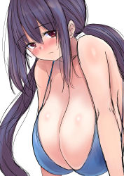 Rule 34 | 1girl, absurdres, bikini, blue bikini, blush, breasts, brown eyes, cleavage, collarbone, commentary request, hair between eyes, hanging breasts, highres, huge breasts, long hair, looking at viewer, original, purple hair, sgwmanga, sidelocks, simple background, sketch, solo, swimsuit, twintails, upper body, white background