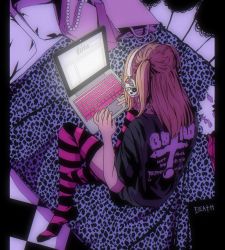 Rule 34 | 1girl, amane misa, animal print, annicelric, bag, blonde hair, checkered floor, computer, death note, death note (object), facing away, from above, from behind, full body, fur trim, headphones, highres, laptop, leopard print, long hair, no shoes, on bed, pillow, print bed sheet, print shirt, shirt, shopping bag, short twintails, sitting, solo, sticker, striped clothes, striped legwear, striped thighhighs, t-shirt, thighhighs, twintails