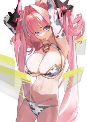 absurdres animal_print arknights arknights:_endfield armpits arms_up bell bikini black_horns breasts cleavage cow_print cow_print_bikini cow_print_sleeves cowbell highres horns large_breasts long_hair pink_hair pink_horns print_bikini purple_eyes renleiwanyier sweat swimsuit very_long_hair window_(computing) yvonne_(arknights)