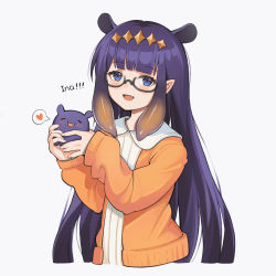 Rule 34 | alternate costume, blue eyes, casual, fang, glasses, hair ornament, heart, highres, hololive, hololive english, looking at viewer, mascot, monster girl, ninomae ina&#039;nis, orange shirt, pointy ears, pumpkinnn, purple hair, shirt, smile, spoken heart, takodachi (ninomae ina&#039;nis), tentacle hair, tentacles, virtual youtuber