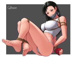 Rule 34 | 1990s (style), 1girl, arms behind back, artist name, ass, barefoot, bdsm, between breasts, black hair, blush, bondage, bound, bound ankles, bound wrists, breast bondage, breasts, clenched hand, cloth gag, crop top, earrings, covered erect nipples, feet, final fantasy, final fantasy vii, fingerless gloves, full body, gag, gagged, gbeeee, gloves, grey background, highres, improvised gag, jewelry, knees up, large breasts, long hair, looking down, outside border, panties, red eyes, rope, shibari, soles, solo, tank top, tifa lockhart, toes, underwear, white panties