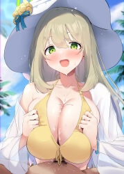 Rule 34 | 1boy, 1girl, absurdres, bikini, blue archive, blue sky, blush, breasts, breasts squeezed together, censored, cum, cum on body, cum on breasts, cum on upper body, day, flower, green eyes, halo, hat, hat flower, hetero, highres, large breasts, mosaic censoring, nonomi (blue archive), outdoors, paizuri, paizuri under clothes, penis, pov, pov crotch, shionootsu, shirt, sky, sun hat, sweat, swimsuit, white shirt, yellow bikini