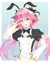 Rule 34 | 1boy, astolfo (fate), astolfo (saber) (fate), astolfo (saber) (third ascension) (fate), black bow, black ribbon, blue background, blush, bow, bowtie, commentary request, dress, fate/grand order, fate (series), hair bow, hair intakes, hair ribbon, highres, kanaya604, long hair, long sleeves, looking at viewer, male focus, multicolored hair, open mouth, pink hair, puffy sleeves, purple eyes, ribbon, simple background, solo, streaked hair, twintails, ukua (otokonoko), v, white hair