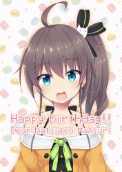 Rule 34 | 1girl, ahoge, blue eyes, brown hair, collarbone, commentary request, english text, hair ribbon, happy birthday, highres, hololive, lapsuswolf, looking at viewer, macaron background, natsuiro matsuri, natsuiro matsuri (1st costume), open mouth, portrait, ribbon, short hair, side ponytail, solo, virtual youtuber