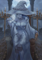 Rule 34 | absurdres, blue eyes, blue hair, blue skin, book, book stack, candlestand, chourai, collarbone, colored skin, doll joints, dress, elden ring, extra arms, extra faces, hand on lap, hat, highres, hourglass, inverted statue, jewelry, joints, moon, off-shoulder dress, off shoulder, ornate ring, ranni the witch, ring, throne, wedding ring, white dress, witch hat