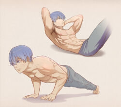 Rule 34 | 1boy, abs, armpits, blue eyes, blue hair, closed mouth, commentary, cropped legs, english commentary, exercising, exercising, feet out of frame, full body, grey background, grey pants, himmel (sousou no frieren), male focus, mole, mole under eye, multiple views, muscular, nipples, pants, pectorals, push-ups, short hair, simple background, sit-up, songjo, sousou no frieren, sweat, topless male