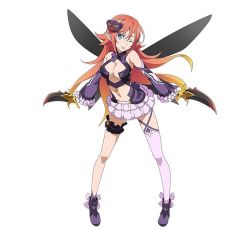 Rule 34 | 10s, 1girl, asymmetrical legwear, blue eyes, breasts, character request, cleavage, dagger, detached sleeves, dual wielding, frilled skirt, frills, highres, holding, holding weapon, knife, large breasts, long hair, navel, official art, one eye closed, orange hair, pointy ears, simple background, skirt, solo, sword art online, sword art online: code register, tongue, uneven legwear, weapon, white background