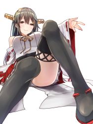 Rule 34 | 10s, 1girl, absurdres, baffu, black footwear, black hair, black thighhighs, blush, boots, breasts, closed mouth, detached sleeves, eyebrows, from below, hair between eyes, hair ornament, hairband, hairclip, haruna (kancolle), headgear, highres, japanese clothes, kantai collection, large breasts, long hair, looking at viewer, miniskirt, nontraditional miko, outstretched arm, pleated skirt, red eyes, red skirt, ribbon-trimmed sleeves, ribbon trim, simple background, sitting, skirt, smile, solo, thigh boots, thighhighs, upskirt, white background