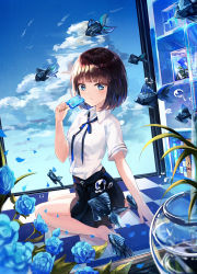 Rule 34 | 1girl, absurdres, barefoot, black skirt, blouse, blue eyes, blue flower, blue ribbon, blue rose, blue sky, bowl, brown hair, checkered floor, cloud, collared shirt, commentary request, day, dress shirt, flower, food, highres, holding, holding food, ice cream, looking at viewer, miniskirt, neck ribbon, original, parted lips, popsicle, pray (furei), ribbon, rose, shirt, short hair, short sleeves, skirt, sky, solo, white shirt, wing collar