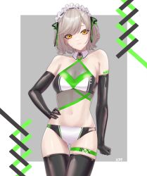 Rule 34 | 1girl, absurdres, bare shoulders, bikini, black bikini, black gloves, breasts, cleavage, elbow gloves, gloves, grey hair, hand on own hip, highres, indie virtual youtuber, light smile, looking at viewer, maid, maid bikini, maid headdress, me ao (many blue leaves), medium breasts, navel, see-through, short hair, skindentation, solo, stomach, swept bangs, swimsuit, tateno ito, thigh gap, thigh strap, thighhighs, unconventional maid, virtual youtuber, white bikini, yellow eyes