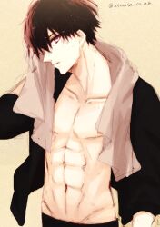 Rule 34 | 1boy, abs, arm at side, black hair, black pants, black shirt, collar x malice, collarbone, facing to the side, grey towel, highres, long bangs, looking at viewer, male focus, muscular, muscular male, nipples, open clothes, open shirt, pants, pectorals, pink eyes, shirt, short hair, sketch, sleeves past elbows, solo, sorata (usausa), towel, towel around neck, twitter username, wet, wet hair, yanagi aiji