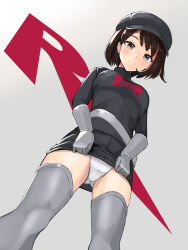 1girl breasts brown_hair closed_mouth creatures_(company) dress game_freak gloria_(pokemon) gloves grey_thighhighs hat highres looking_at_viewer nintendo panda_sasasa panties pokemon pokemon_swsh short_hair skirt smile solo team_rocket team_rocket_uniform thighhighs underwear upskirt white_panties