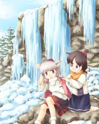 Rule 34 | 2girls, animal ears, arm behind head, black hair, black skirt, blanket, blue sky, calcmis gowa, cloud, commentary request, day, detached sleeves, feet out of frame, foot out of frame, frozen, hat, highres, ice, inubashiri momiji, knee up, kneehighs, kneeling, leaf print, long sleeves, looking back, multiple girls, open mouth, outdoors, parted bangs, pom pom (clothes), red eyes, red headwear, shameimaru aya, short hair, silver hair, sitting, skirt, sky, smile, snow, socks, tokin hat, touhou, tree, two-tone shirt, water, waterfall, white legwear, winter, wolf ears