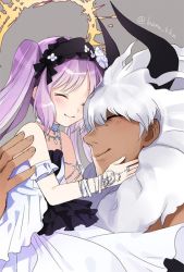 Rule 34 | 1boy, 1girl, armlet, asterios (fate), bare shoulders, bracelet, carrying, choker, dress, euryale (fate), euryale (third ascension) (fate), fate/grand order, fate/hollow ataraxia, fate (series), flower, forehead-to-forehead, frilled dress, frills, hairband, halo, headdress, heads together, horns, jewelry, kana, lolita hairband, long hair, maid headdress, necklace, purple hair, signature, smile, twintails, white hair
