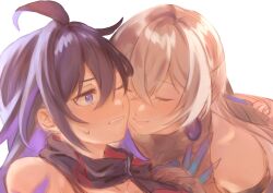 Rule 34 | 2girls, bare shoulders, black scarf, blush, bronya rand, cheek-to-cheek, closed eyes, closed mouth, commentary request, earrings, elan ouo, grey hair, hand on another&#039;s shoulder, heads together, highres, honkai: star rail, honkai (series), jewelry, long hair, multiple girls, one side up, parted lips, purple eyes, purple hair, scarf, seele (honkai: star rail), simple background, smile, sweatdrop, white background, yuri
