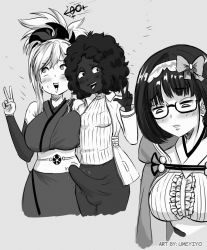 Rule 34 | 3girls, blush, breasts, bulge, dark-skinned female, dark skin, erection, erection under clothes, fate/grand order, fate (series), futanari, glasses, grey background, interracial, large breasts, long hair, looking at viewer, miyamoto musashi (fate), monochrome, multiple girls, open mouth, original, osakabehime (fate), rolling eyes, simple background, smile, umeyiyo, v