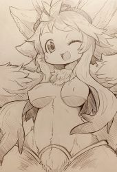 Rule 34 | 1girl, ;d, animal ears, body fur, breasts, furry, furry female, highres, long hair, looking at viewer, made in abyss, medium breasts, mitsuba-sama (milkba-ng), mitty (made in abyss), mitty (made in abyss) (furry), monochrome, nipples, one eye closed, open mouth, sketch, smile, solo, whiskers